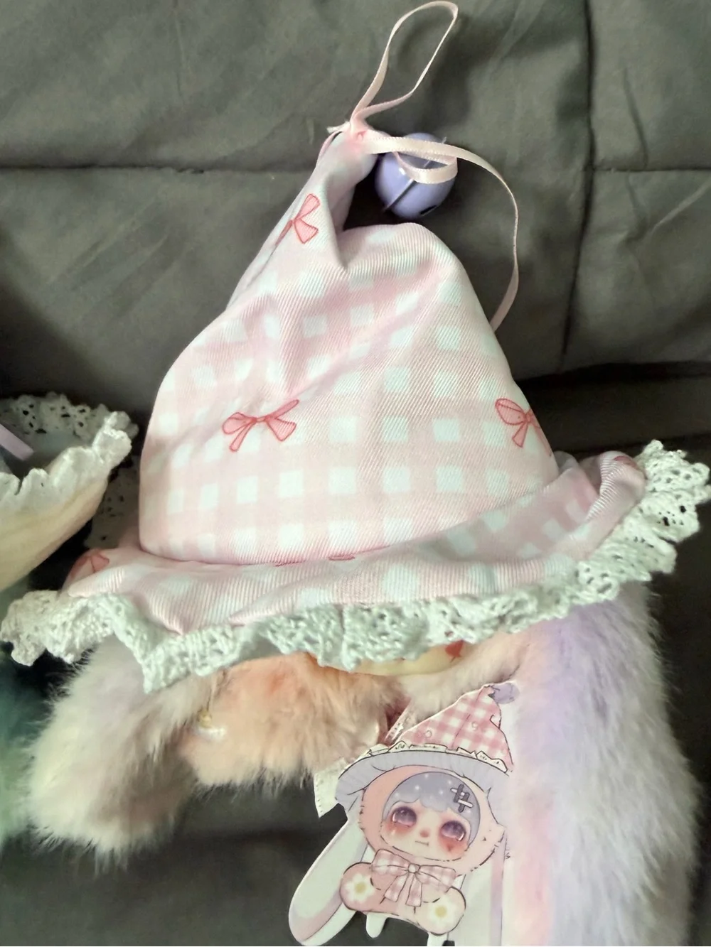Plush Bunny Hat Keychain - Pink and Pastel Blue Cute Character
